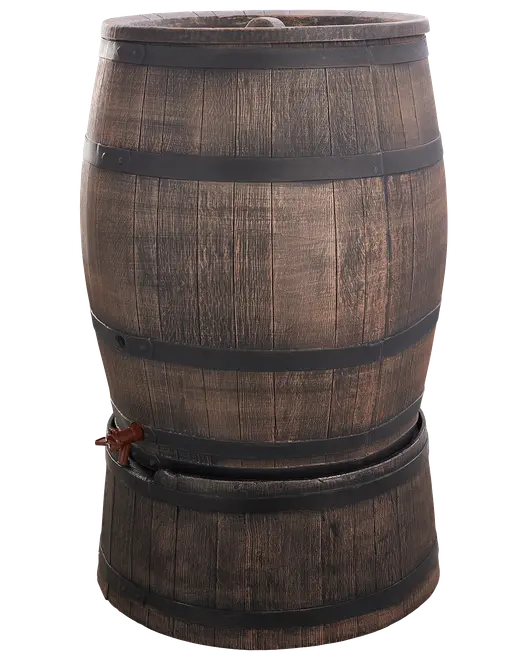 Stor træfad med mørke metalbånd, rustikt udseende og tappehane nær bunden til udskænkning af væsker. Velegnet til opbevaring eller dekoration i hjem eller have.