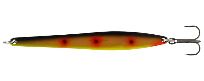 Slank hard fiskelokke med gul-orange krop, sort ryg, røde prikker, metalringe og trekrog i begge ender.