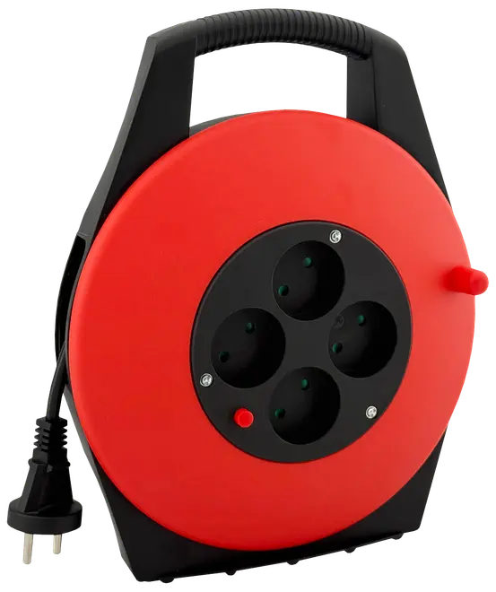 Rød og sort kabelrulle med håndtag, fire stikkontakter, tænd/sluk-knap og udtrækkeligt kabel for nem opbevaring og transport.