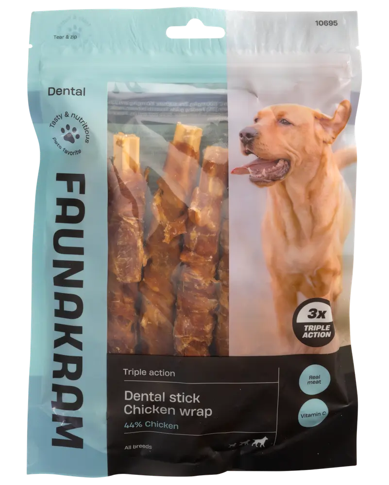 Faunakram dentalstick kycklingwrap för hundar, 44% kyckling, trippelverkan, riktigt kött, vitamin C, passar alla raser, återförslutningsbar förpackning med synliga godbitar.