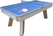 Moderne blå bordtennisbord med hvide linjer, solide træben, metalnet og to lyserøde bats placeret på overfladen. Perfekt til rekreativ eller konkurrencebrug.