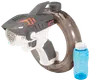 Hajformet boblepistol med ergonomisk håndtag, grå og hvid krop, orange detaljer, rund boblebeholder og medfølgende blå boblevæske. Perfekt til børns udendørs leg.