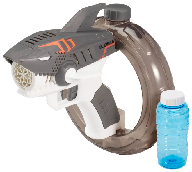 Hajformet boblepistol med ergonomisk håndtag, grå og hvid krop, orange detaljer, rund boblebeholder og medfølgende blå boblevæske. Perfekt til børns udendørs leg.