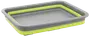 Rektangulær sammenklappelig bakke i grå og limegrøn plast med flad bund og høje sider. Perfekt til opbevaring, servering eller organisering. Let og nem at rengøre.