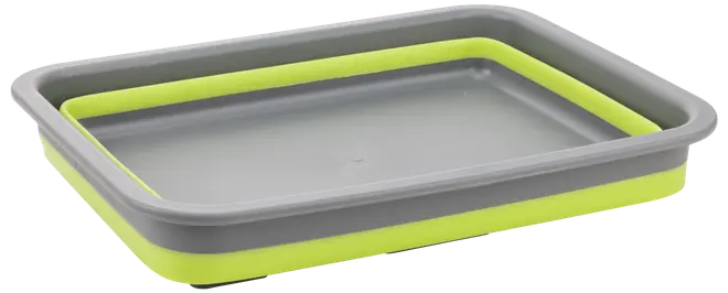 Rektangulær sammenklappelig bakke i grå og limegrøn plast med flad bund og høje sider. Perfekt til opbevaring, servering eller organisering. Let og nem at rengøre.