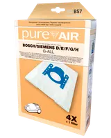 Förpackning med PureAir dammsugarpåsar för Bosch/Siemens D/E/F/G/H, innehåller 4 påsar och 1 filter. Påsarna har blå plastfäste för säker montering.