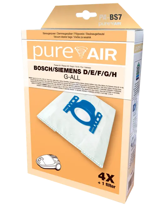 Förpackning med PureAir dammsugarpåsar för Bosch/Siemens D/E/F/G/H, innehåller 4 påsar och 1 filter. Påsarna har blå plastfäste för säker montering.