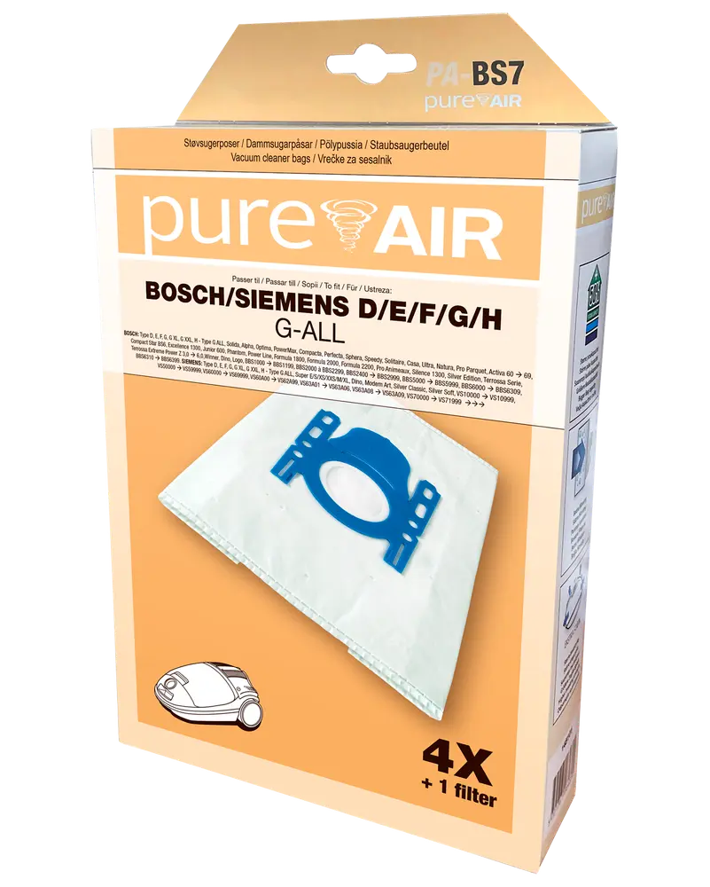 Förpackning med PureAir dammsugarpåsar för Bosch/Siemens D/E/F/G/H, innehåller 4 påsar och 1 filter. Påsarna har blå plastfäste för säker montering.