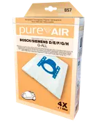 Æske med PureAir støvsugerposer til Bosch/Siemens D/E/F/G/H, indeholder 4 poser og 1 filter. Poserne har blå plastbeslag for sikker montering.