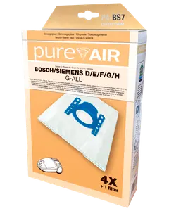 Förpackning med PureAir dammsugarpåsar för Bosch/Siemens D/E/F/G/H, innehåller 4 påsar och 1 filter. Påsarna har blå plastfäste för säker montering.