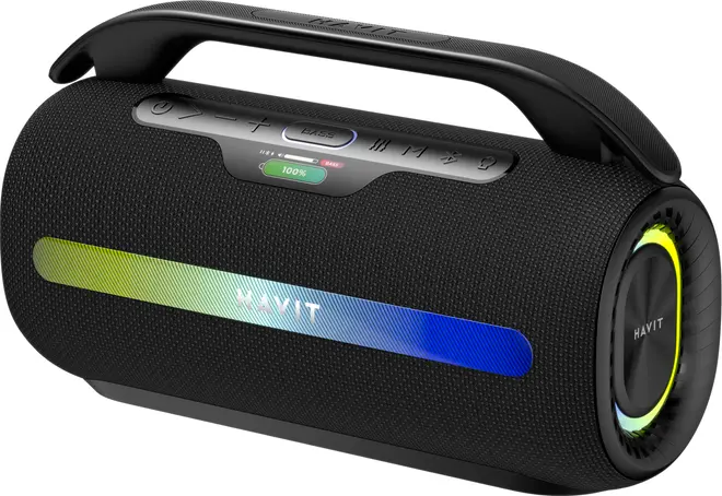 Bærbar sort Bluetooth-højttaler med håndtag, LED-lyskrans på siden, kontrolknapper ovenpå og farverig stribe. Mærke: Havit. Moderne, cylindrisk design.