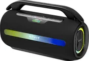 Bærbar sort Bluetooth-højttaler med håndtag, LED-lyskrans på siden, kontrolknapper ovenpå og farverig stribe. Mærke: Havit. Moderne, cylindrisk design.