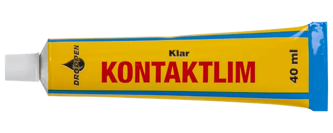 Tube med Droppen klar kontaktlim, 40 ml. Gul og blå emballage med rød tekst, skruelåg. Velegnet til limning af forskellige materialer. Produktnavn og volumen tydeligt vist.
