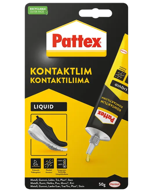 Pattex kontaktlim, 50g tube, flydende formel. Velegnet til metal, gummi, læder, træ, plast og sten. Fleksible samlinger, vandafvisende, temperaturbestandig. Emballagen viser skoreparation.