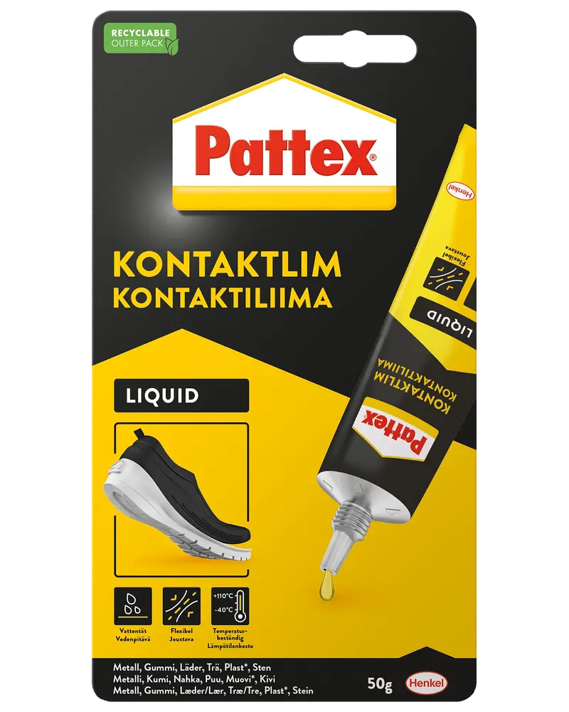 Pattex kontaktlim, 50g tube, flydende formel. Velegnet til metal, gummi, læder, træ, plast og sten. Fleksible samlinger, vandafvisende, temperaturbestandig. Emballagen viser skoreparation.