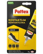 Pattex kontaktlim, 50g tube, flydende formel. Velegnet til metal, gummi, læder, træ, plast og sten. Fleksible samlinger, vandafvisende, temperaturbestandig. Emballagen viser skoreparation.
