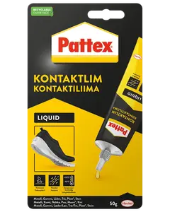 Pattex kontaktlim, 50g tube, flydende formel. Velegnet til metal, gummi, læder, træ, plast og sten. Fleksible samlinger, vandafvisende, temperaturbestandig. Emballagen viser skoreparation.