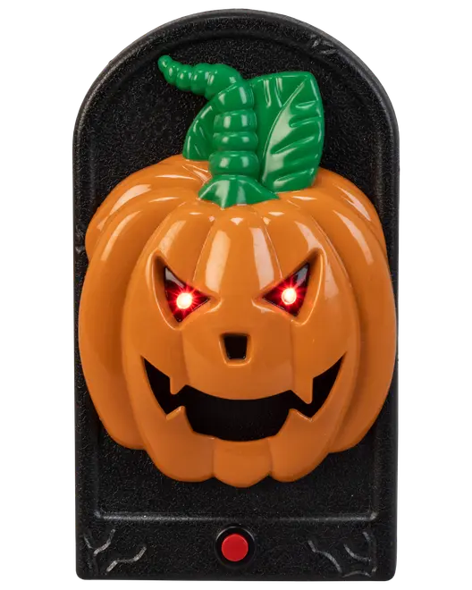 Halloween-dørklokke med 3D orange græskaransigt, lysende røde LED-øjne, grøn stilk og blad, monteret på sort base med rød knap nederst.