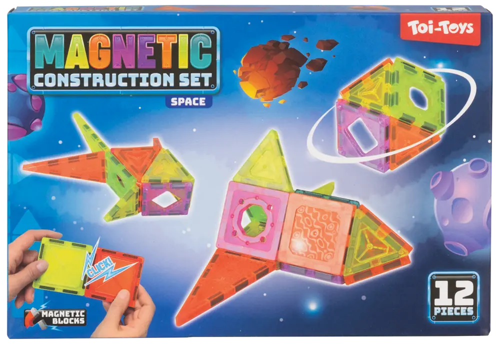 Magnetiskt byggset med 12 färgglada, genomskinliga block. Rymdtema för att bygga raketer och former. Passar för kreativ lek och lärande. Illustrerad förpackning med Toi-Toys logotyp.