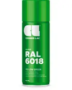 Grøn spraydåse, 400 ml, mærket RAL 6018 Yellow Green. Blank finish, premium akrylmaling, hurtigtørrende, anti-dryp dyse, egnet til professionel brug.