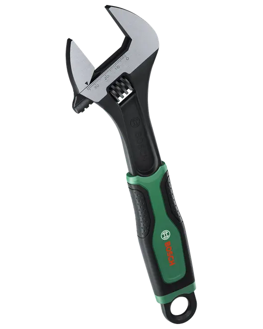 Bosch skiftenøgle med sort og grøn ergonomisk håndtag, forkromet kæbe og indgraveret måleskala.