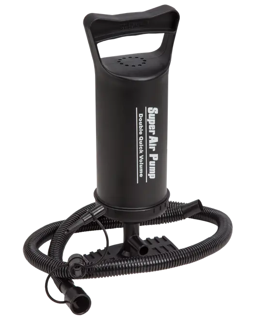 Sort manuel luftpumpe med ergonomisk håndtag, dobbelt hurtig volumen, fleksibel slange og flere dyser til oppustning af luftmadrasser, poollegetøj og oppustelige genstande.