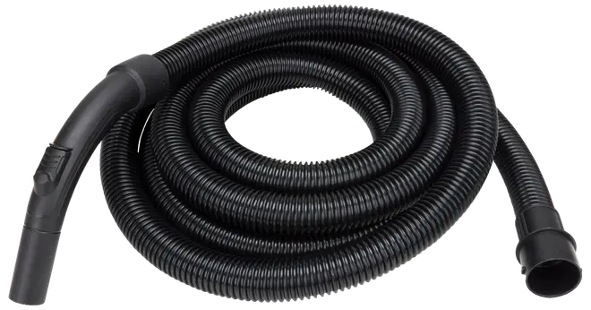 Fleksibel sort støvsugerslange med rillede overflade, ergonomisk håndtag og to åbne ender til montering. Passer til forskellige støvsugermodeller, ideel til svært tilgængelige områder.