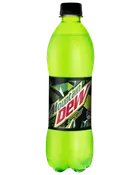 500 ml plastflaske Mountain Dew, klar grøn farve, sort låg, sort og grøn geometrisk etiket med rød og hvid logo, citrus-smag sodavand.