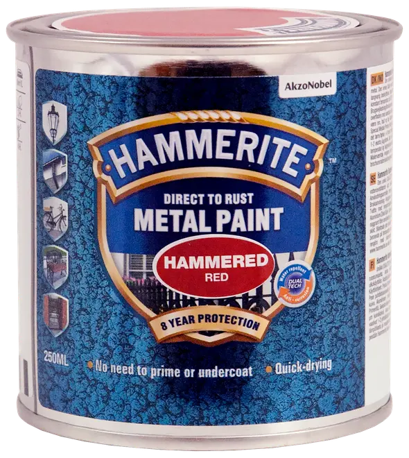 Hammerite Hammered Red metalmaling, 250 ml dåse. Påføres direkte på rust, ingen primer nødvendig, hurtigtørrende, giver 8 års beskyttelse. Til udendørs metaloverflader. Fra AkzoNobel.