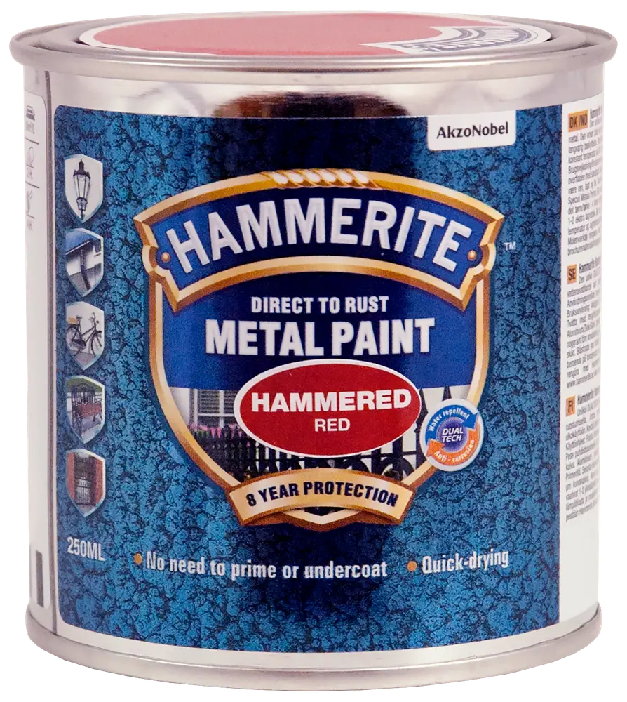 Hammerite Hammered Red metalmaling, 250 ml dåse. Påføres direkte på rust, ingen primer nødvendig, hurtigtørrende, giver 8 års beskyttelse. Til udendørs metaloverflader. Fra AkzoNobel.