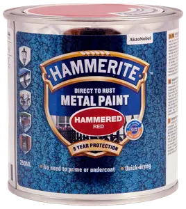 Hammerite Hammered Red metalmaling, 250 ml dåse. Påføres direkte på rust, ingen primer nødvendig, hurtigtørrende, giver 8 års beskyttelse. Til udendørs metaloverflader. Fra AkzoNobel.