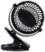 Lille sort klemmeventilator med justerbart hoved, USB-opladningsport og beskyttelsesgitter. Velegnet til skriveborde eller barnevogne, med sikker klemmefod og tænd/sluk-knap.