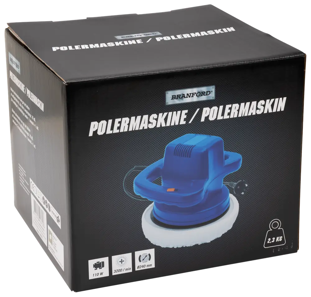 Branford polermaskine, 110W, 3200 omdrejninger/min, 240mm pude, 2,3kg vægt. Blå farve, ergonomisk håndtag, egnet til bil- eller overfladepolering. Leveres i mærket æske.