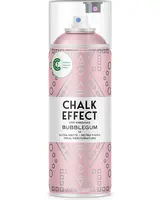 Lyserød spraydåse med geometriske mønstre, mærket 'Chalk Effect Bubblegum'. Giver ultra-mat, retro finish. Velegnet til møbler. Med gennemsigtigt låg og miljømærke.