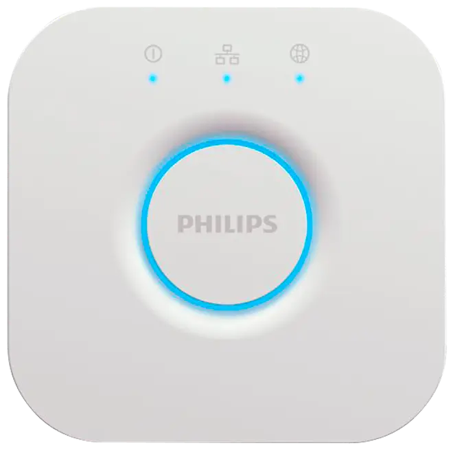 Hvid, firkantet Philips smart home-hub med afrundede hjørner, central cirkulær knap med blå LED-ring og tre små indikatorlys ovenover. Minimalistisk design til smart belysningsstyring.