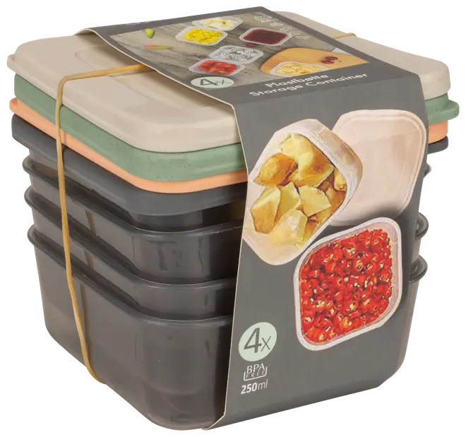 Fyra stapelbara matlådor med pastellfärgade lock. BPA-fria, 250 ml volym, passar till snacks eller små portioner. Kompakt och återanvändbar design.