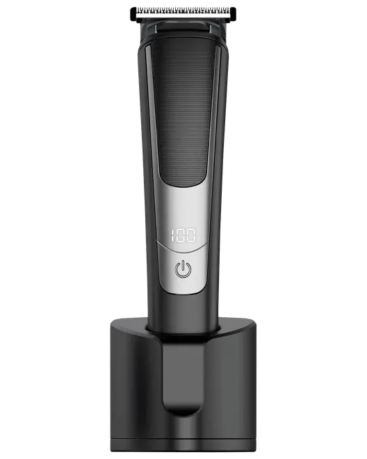 Sort elektrisk trimmer med digitalt display, tænd/sluk-knap og opladningsstation.