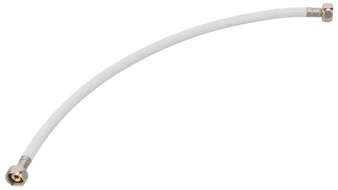 Flexibel vit vattenslang med metallkopplingar i båda ändar, lämplig för anslutning av vitvaror som tvättmaskin eller diskmaskin till vattenledning. Standardlängd och diameter.