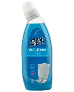 Clean Action WC-Rens Ocean toalettrengöring, 750 ml flaska, blå vätska, vinklad hals för enkel applicering, tar bort kalk effektivt, ger en frisk doft.