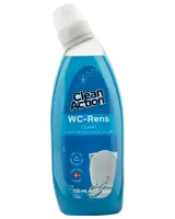 Clean Action WC-Rens Citrus toalettstädare, 750 ml flaska. Gul förpackning, vinklad kork, citrondoft, effektiv kalkborttagare, passar toaletter, danskt produkt, återvinningsbar förpackning.