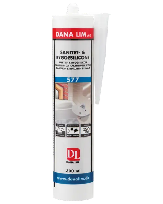 Dana Lim sanitets- og byggesilicone, 300 ml tube. Hvid patron med dyse, egnet til badeværelses- og bygningsfuger. ISO-certificeret, produktnummer 577.