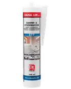 Dana Lim sanitets- og byggesilicone, 300 ml tube. Hvid patron med dyse, egnet til badeværelses- og bygningsfuger. ISO-certificeret, produktnummer 577.