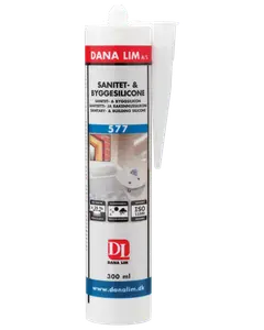 Dana Lim sanitets- og byggesilicone, 300 ml tube. Hvid patron med dyse, egnet til badeværelses- og bygningsfuger. ISO-certificeret, produktnummer 577.