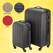 Sæt med to hardcase-kufferter med fire drejehjul, side- og tophåndtag samt indbyggede låse. Fås i champagne, navy og rød. Holdbar, tekstureret overflade.