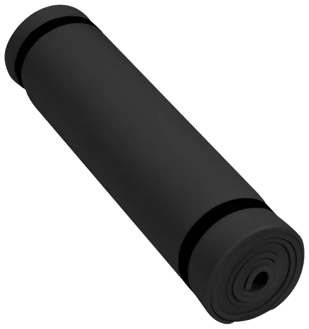 Sort sammenrullet yogamåtte af tykt, polstret materiale. Har to elastiske stropper til sikker opbevaring og nem transport. Velegnet til træning, yoga eller udstrækning.