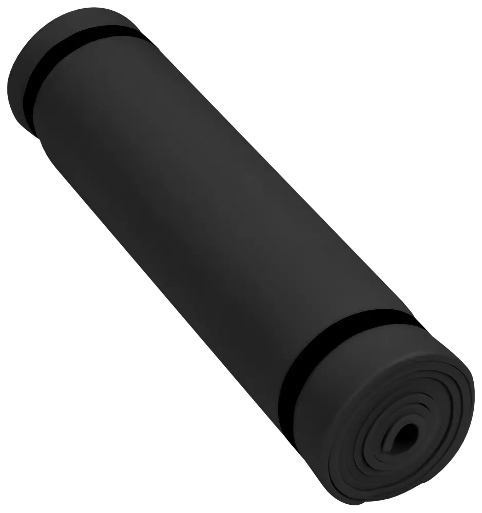 Sort sammenrullet yogamåtte af tykt, polstret materiale. Har to elastiske stropper til sikker opbevaring og nem transport. Velegnet til træning, yoga eller udstrækning.