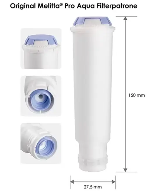 Hvid Melitta Pro Aqua vandfilterpatron med lilla låg, vist med nærbilleder af tilslutning og mål: 150 mm høj og 27,5 mm bred.