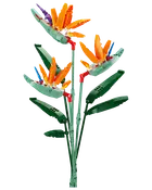 LEGO-lignende paradisfugleblomst-buket med tre orange og gule blomster, grønne blade og høje stilke.
