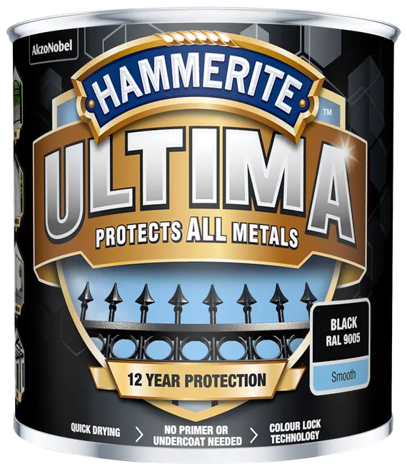 Hammerite Ultima metalmaling, sort RAL 9005, glat finish. Beskytter alle metaller, 12 års beskyttelse, hurtigtørrende, ingen primer nødvendig, farvelås-teknologi. 750 ml dåse.
