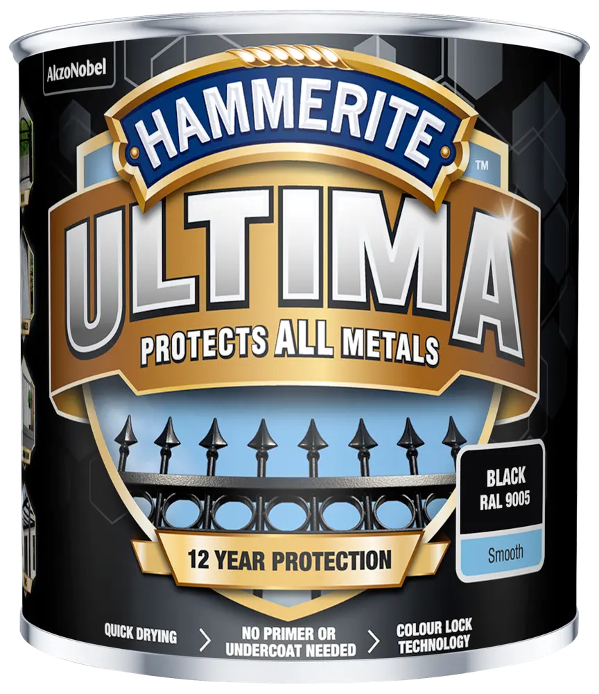 Hammerite Ultima metalmaling, sort RAL 9005, glat finish. Beskytter alle metaller, 12 års beskyttelse, hurtigtørrende, ingen primer nødvendig, farvelås-teknologi. 750 ml dåse.